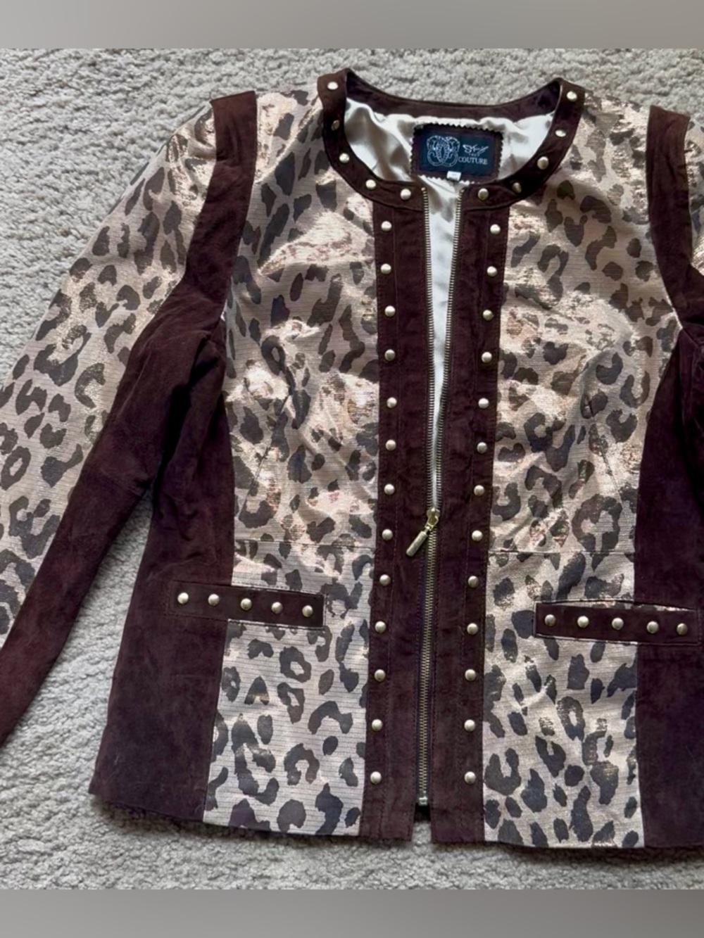 Animal Leopard Print Leather Suede Jacket Studded Military Style Zip Front M - Picture 13 of 17